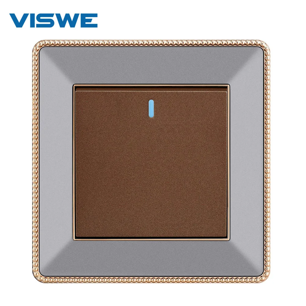 VISWE Universal 1gang 2way Wall Switch, 86*90mm Acrylic Panel with gold border, Push button Switch with indicator