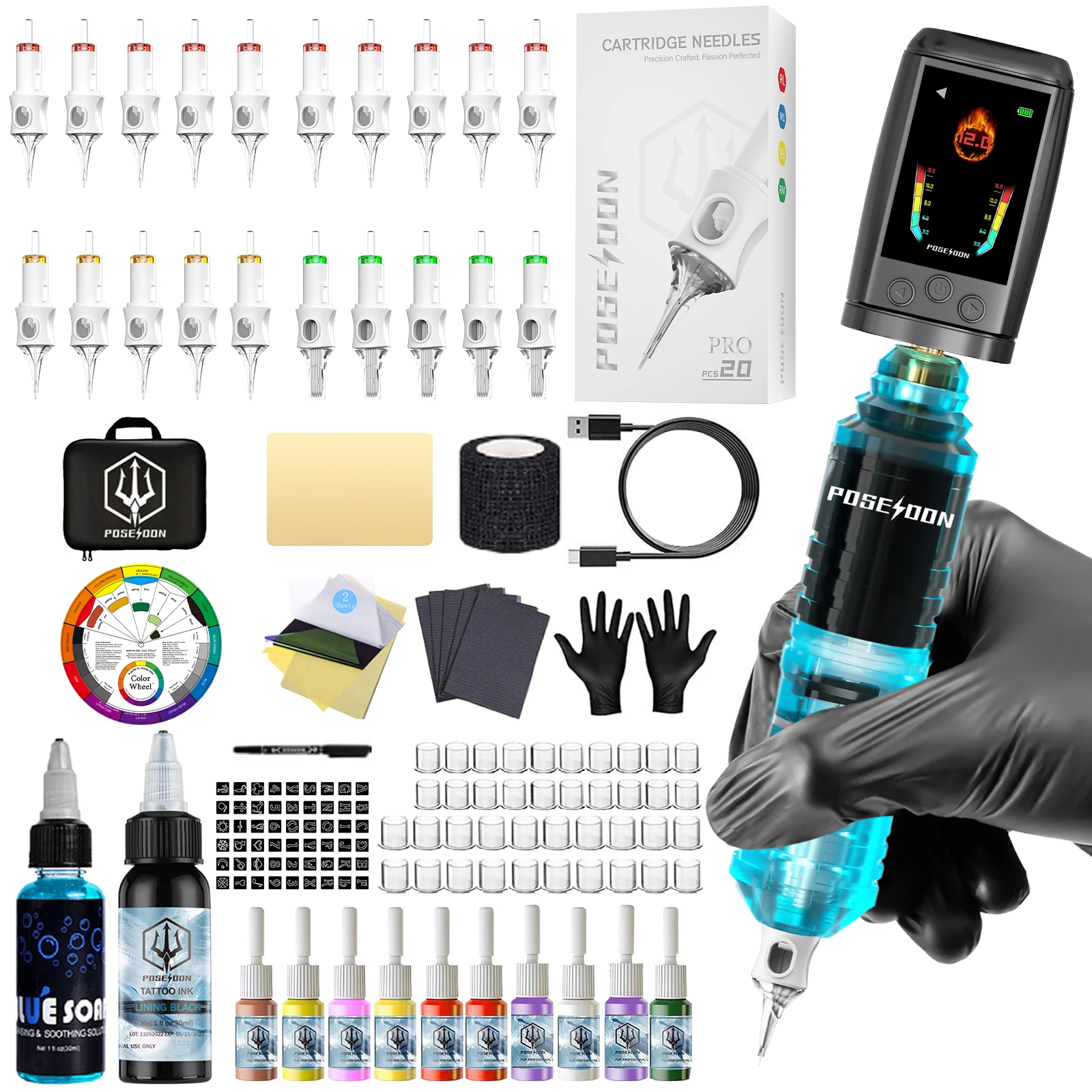 

Набор для татуировки POSEIDON, набор ручек для татуировки с цветным экраном для перманентного макияжа, набор тату-машин, беспроводной источник питания для татуировки, набор для татуировки