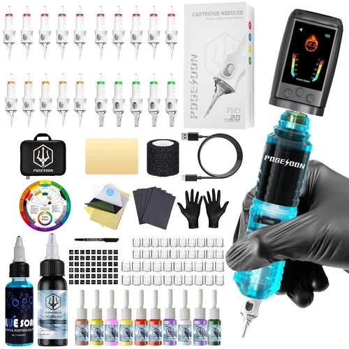 Kit de tatuaje POSEIDON, Kit de pluma de tatuaje con pantalla a Color para maquillaje permanente, Kit de máquina de tatuaje, fuente de alimentación inalámbrica para tatuaje, Kit de tatuaje