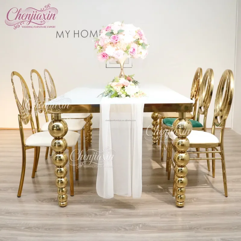 Factory New Hotel Hall Furniture Gold Stainless Steel Rectangular Glass Wedding Dining Tables and Chairs for Party