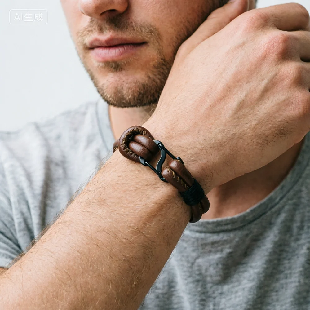 Stylish Faux Leather Rope Men Bracelet Handmade 2 Sizes Options Bilayer Durable Wrap S Clasp Braslet Business Homme Gift Jewelry