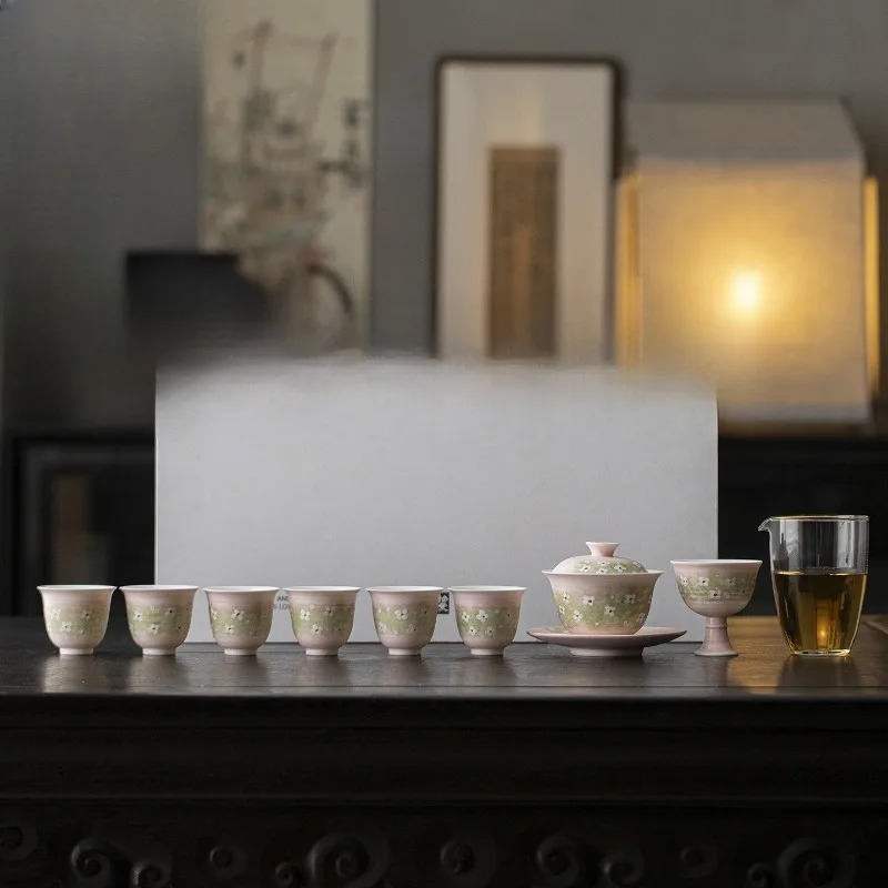 Japanese hand-painted cherry powder, Wan Sheng powder tea set