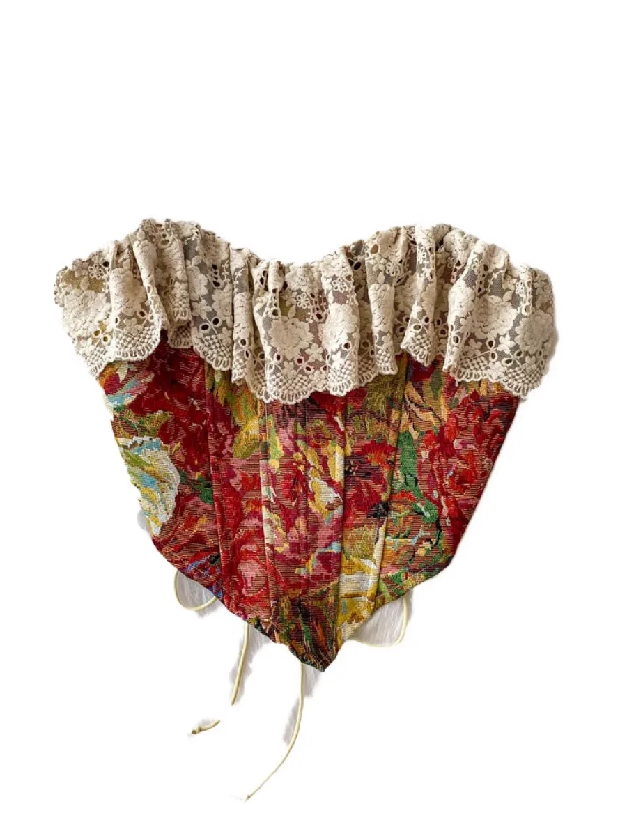 Foamlina American Ins Vintage Jacquard Pittura a olio Corsetto High Street Y2K Patchwork Pizzo Gilet sexy Canotta attillata attillata