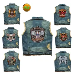 Embroidered Denim vest cowboy blue Jeans Patchwork Motorcycle Biker Jeans Sleeveless jacket punk Cowboy Fashion vest 6XL