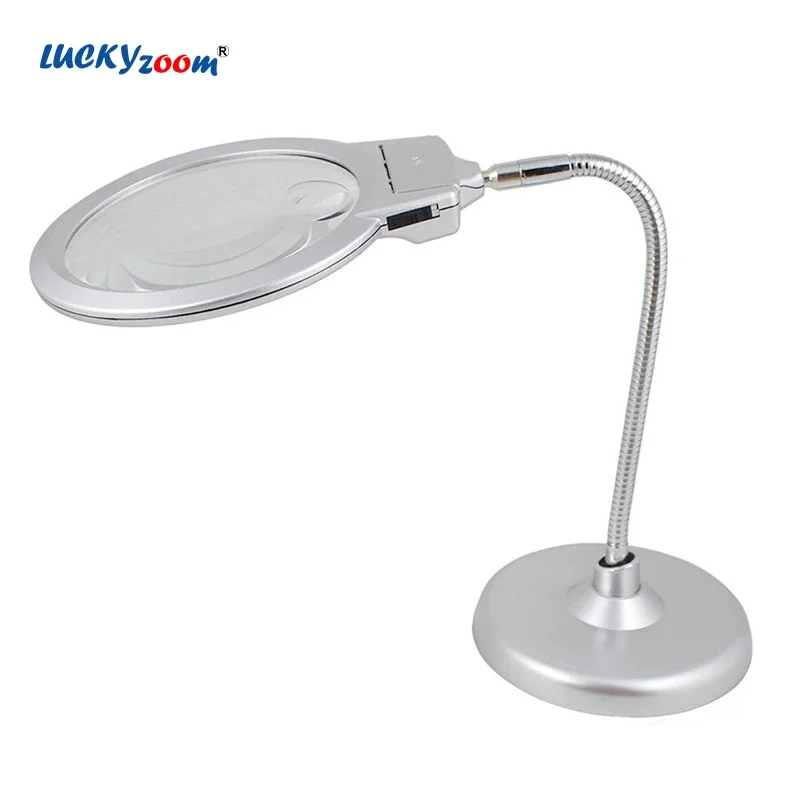 125mm Large Len Illuminated Magnifier 2X 5X Desk Magnifying Glass with LED Light Metal Hose Table Lamp Loupe Reading Repair Lupa