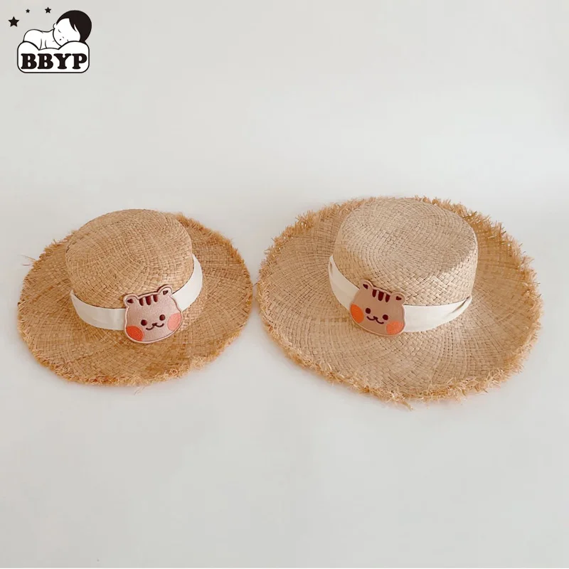 

Cartoon Handwoven Straw Hat for Baby Girls Summer Sunproof Wide Brim Flat Top Hat Lace-Up Beach Cap Newborn Photo Props