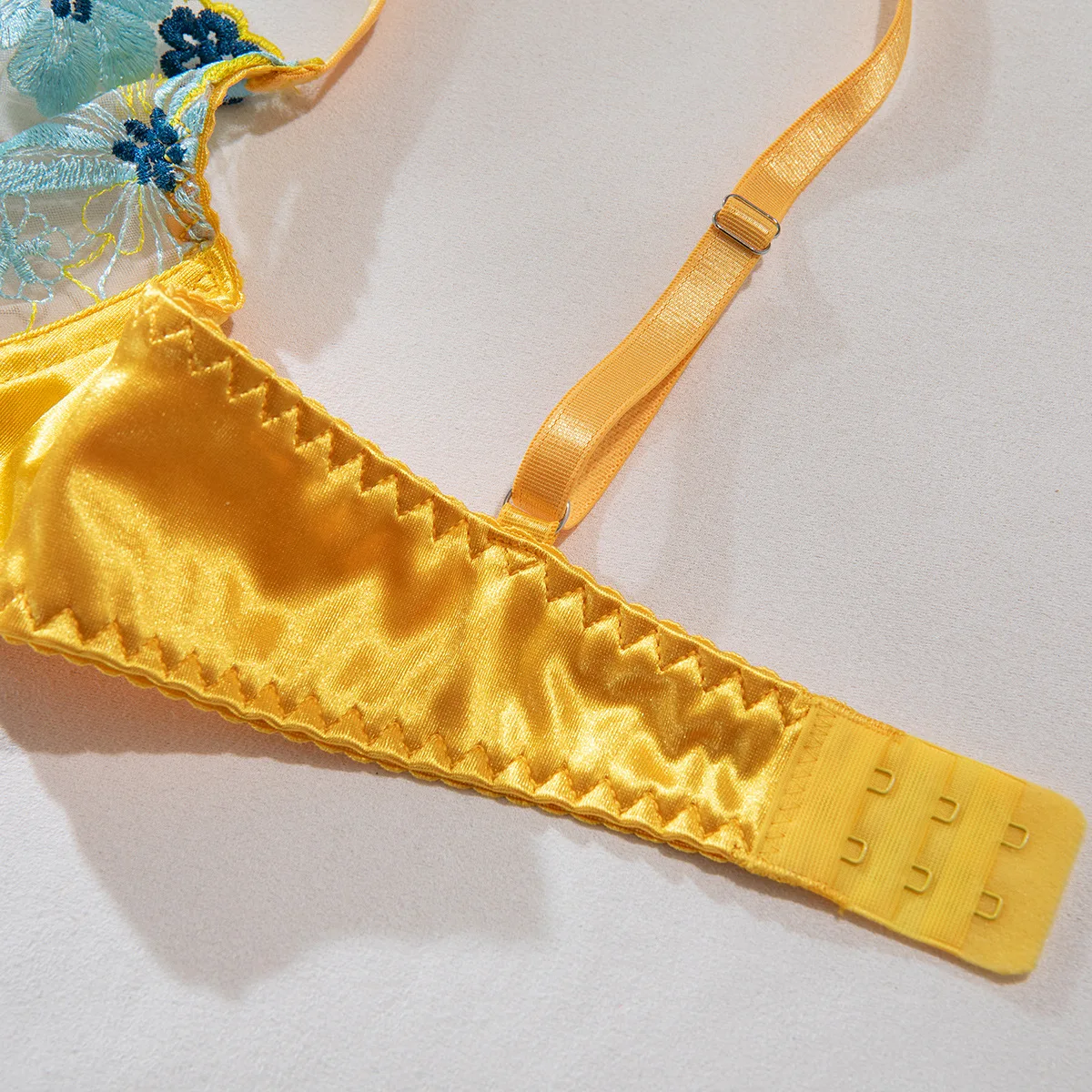 Yellow Multi-color Embroidery Sexy  See Through Mesh Two Piece Lingerie Set Perspective Lingerie Lace Bra G-String Underwear