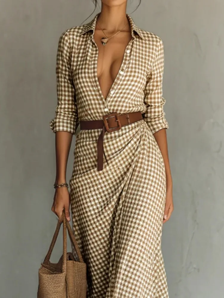 فستان قميص نسائي أنيق من Yeezzi بحزام من القماش القطني وأكمام طويلة وأزرار حضرية غير رسمية للعمل المكتبي فساتين ماكسي 2026 جديد #2