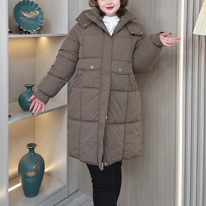 Plus Size Winter Long Down Cotton Parka Women Loose Thick Warm Casual Hooded Zipper Padded Coat 2443