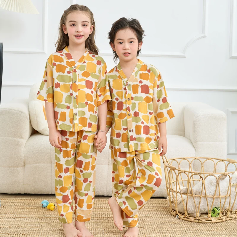 Children's Cartoon Print Cap Sleeve Cotton Silk Loungewear Set Summer Lightweight Boys Girls Pajamas Baby Air Conditioning Wear