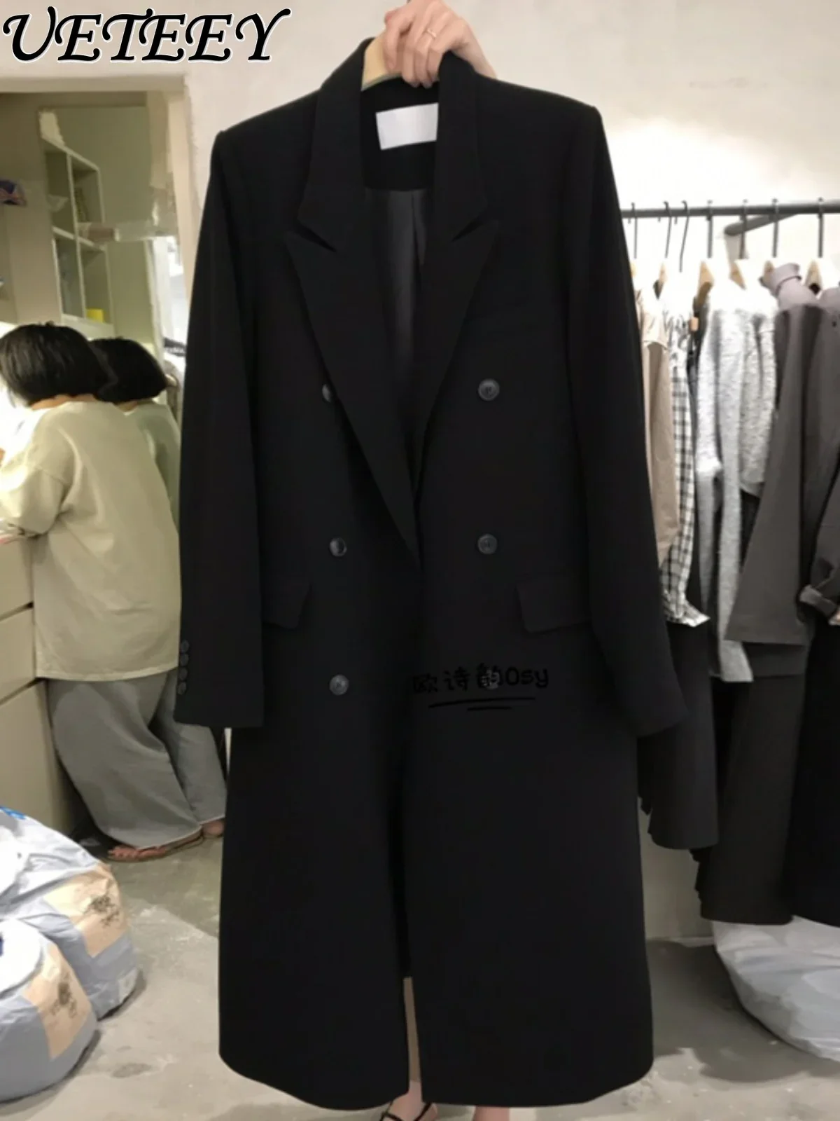 

Spring and Autumn New Temperament Long Suit Coat for Wowmen Fashion Double-breasted Solid Color Over-the-Knee Blazer Jacket