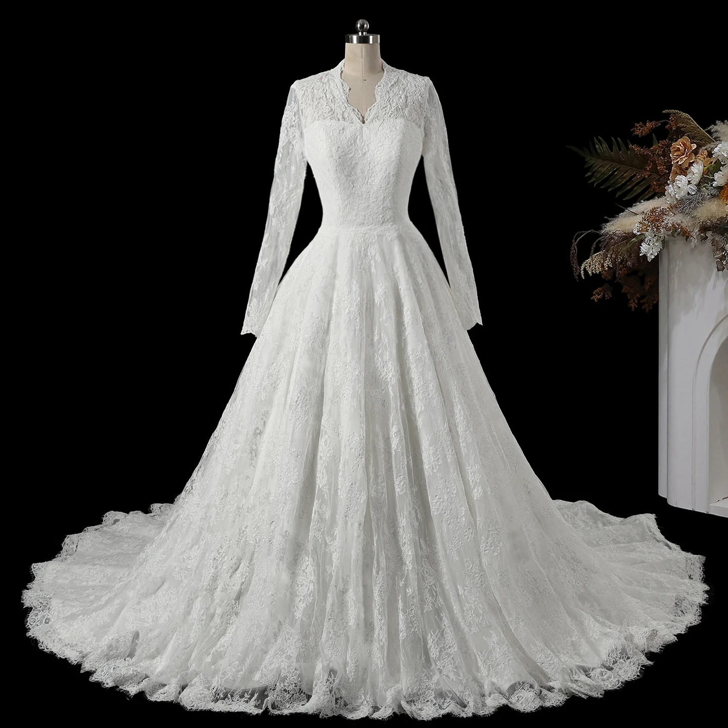 Sharon Said Luxury Full Lace Wedding Dress A-Line Long Sleeve High V Neck Court Train Vintage Romantic Bridal Gowns SW747 Custom