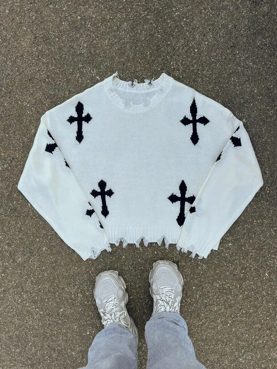 Men's White Distressed Knit Sweater with Black Cross Motif, Loose Drop Shoulder Long Sleeve