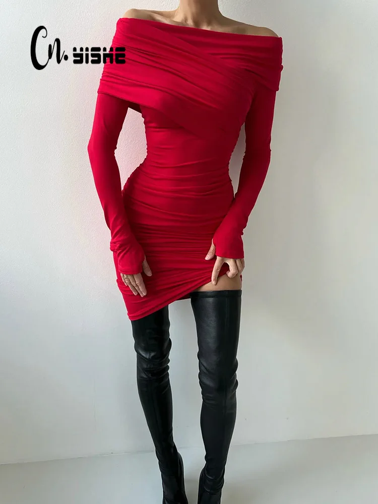 

CNYISHE Red Strapless Sexy Club Women Dresses Slash Neck Long Sleeve Sheath Outfits Fashion Slim Bodycon Female Vestidos Robes