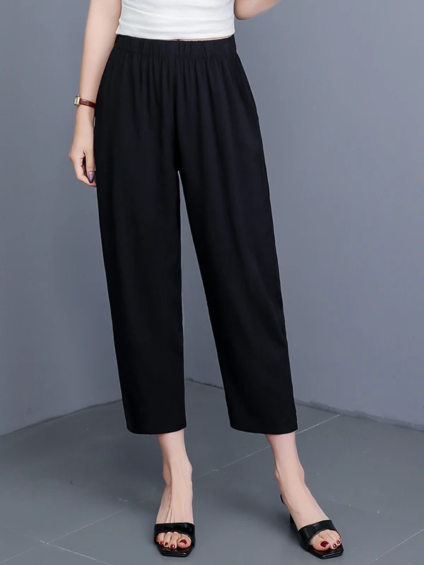 New Floral Cotton Silk Pants High Waist Wide Leg Casual Trousers for Women Mom Suitable Outerwear Artificial Cotton Nine Points