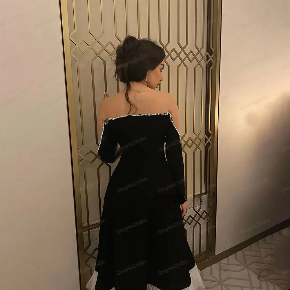 Saudi Arabia Elegant Black Prom Dresses Shiny Beads Long Sleeves Tea-Length Ruffle Formal Fashion Party Dresses For Women 2024