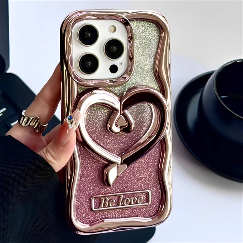 Fashion Romantic 3D Lover Heart Holder Stand Case For iPhone 15 Pro Max 14 13 12 11 Plating Gradient Glitter Shockpoof Cover