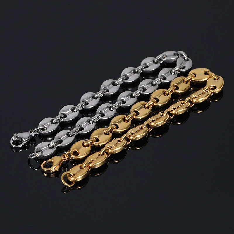 New Coffee Beans Pig Nose Chain Bracelet Men Stainless Steel Jewelry Polished Strong Real Gold Plated Color