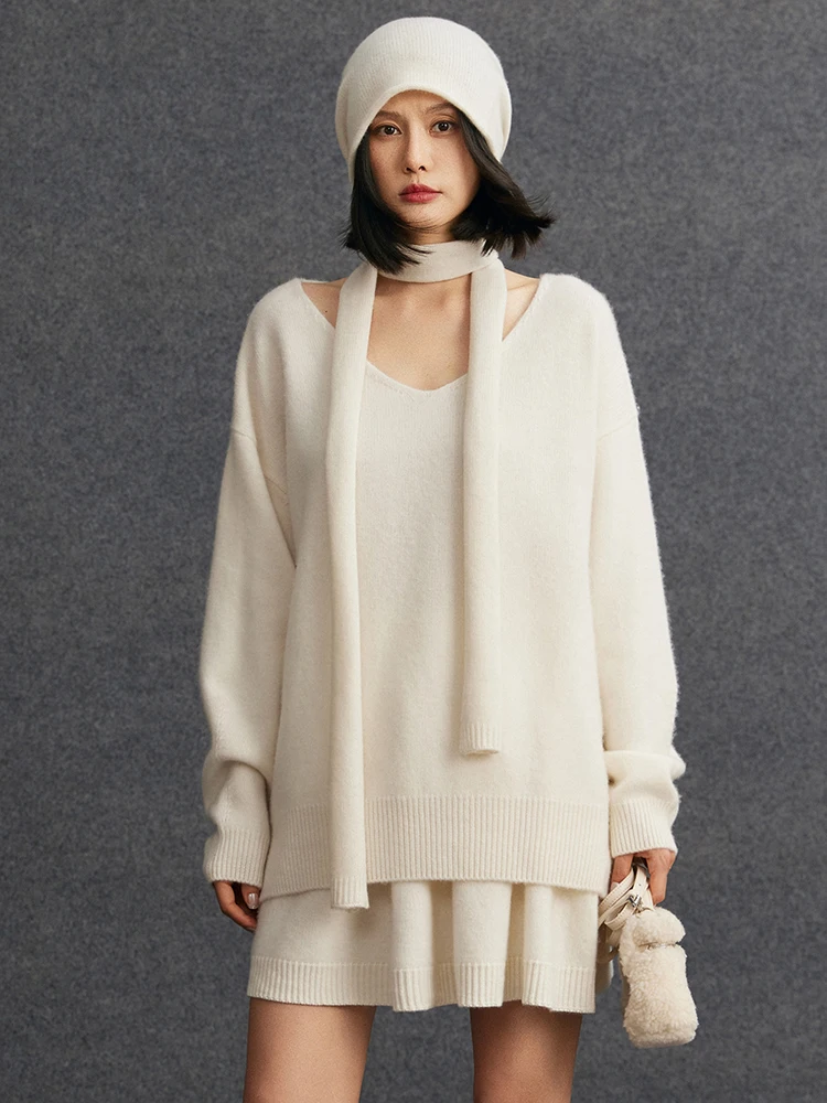 

Women100% Cashmere Sweater Pullover Skirt Suit Casual Loose Cashmere Knitwear Autumn Winter Thick Lady Sweater Short Skirt Set