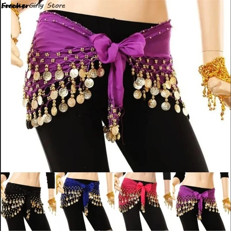 Gold Belt Skirt Women Belly Dance Waist Chain Chiffon Indian Dance Practice Performance Hip Skirts Three-Layer Sexy Clubwear