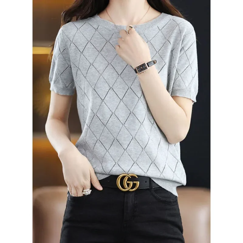 2024 Summer New Women\'s Pullovers Round Neckline Hollow Out Fashion Slim Short Sleeved Ice Silk Versatile Knitted T-shirt Top