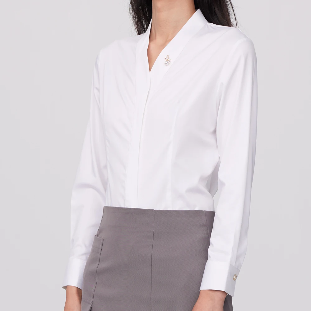 Ladies Office Detachable Brooch V-Neck Dress Shirts Without Pocket Hidden Buttons Placket Long Sleeve Slim-fit Female Shirt