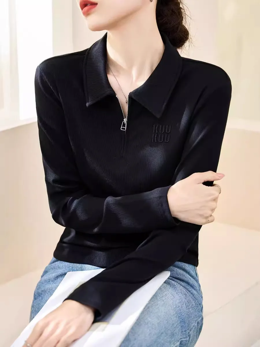 Elitist Women Lapel Long-Sleeved T-shirt Temperament Base Shirt 2024 Autumn Winter NEW Shoulder Slimming Wear Top