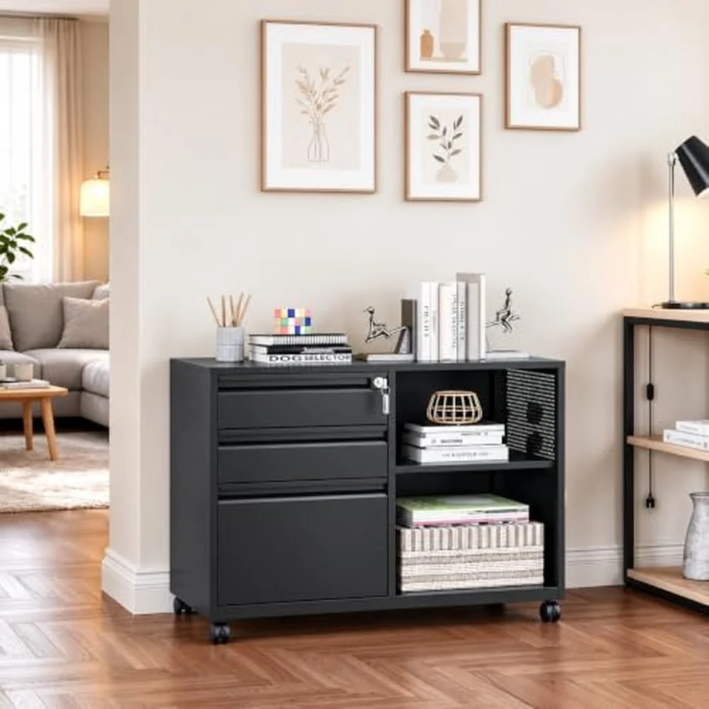 3 Drawer Mobile File Cabinet with Lock Metal Lateral Rolling Printer Stand Office Storage Filing Cabinets for Home