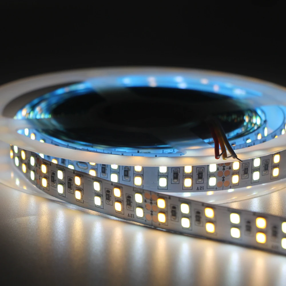 5M DC12V 24V CCT LED 스트립 28W/M 20W/M 336 LED/M 240LED/m 듀얼 화이트+웜 화이트 3000K 4000K 6000K 조절 가능 플렉시블 LED 테이프
