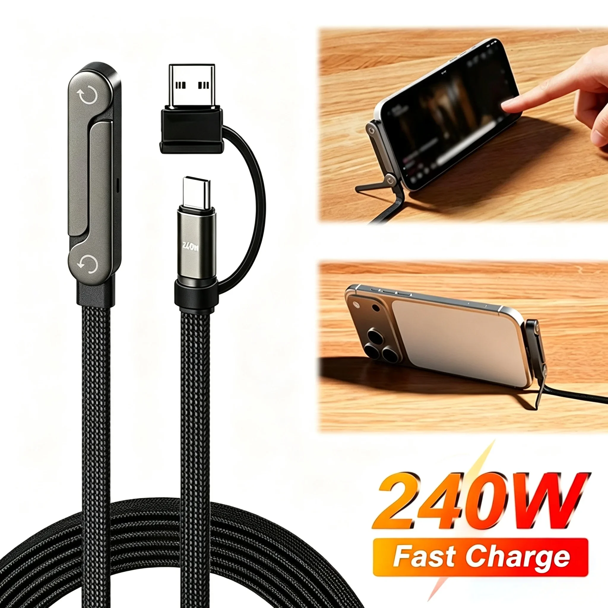 240W Folding Stand Fast-Charging Cable, Type-C Braided Charging Cable, 2-in-1, Compatible with iPhone, Samsung and Xiaomi