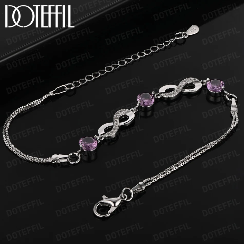 

DOTEFFIL Round Purple AAA Zircon Bracelet 8 Shapes 925 Sterling Silver Box Chain For Women Jewelry Engagement Christmas Gift