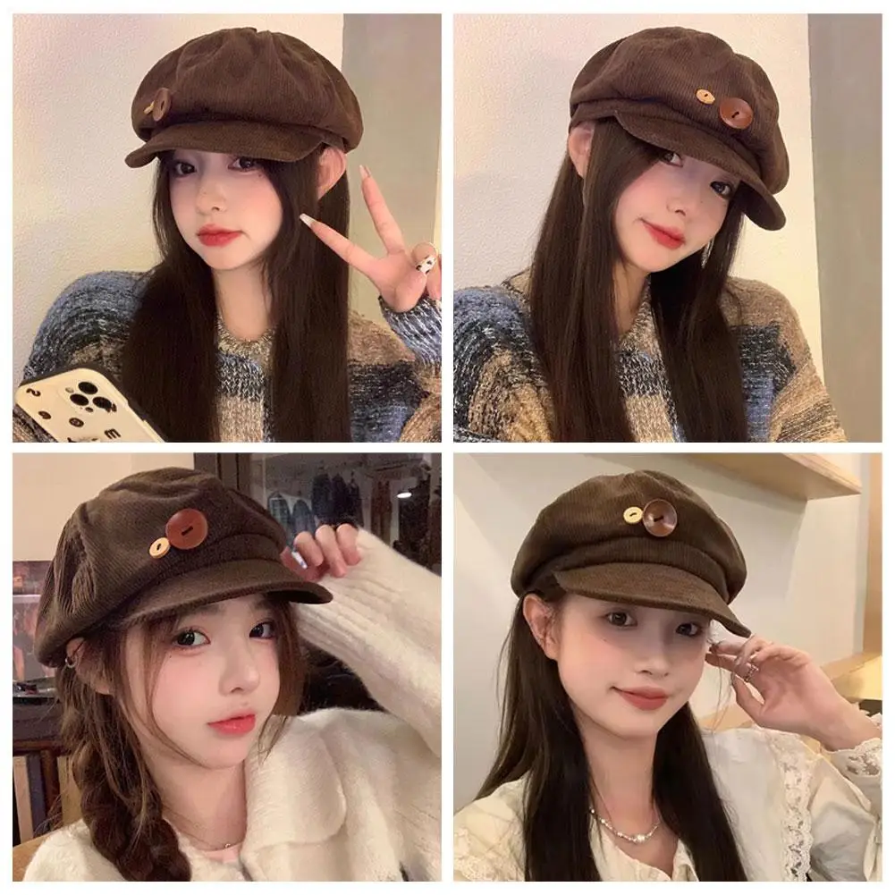 Retro Knopf Cord Achteckige Kappe Für Frauen Maler Künstler Hut Japanische Mädchen Braun Schirmmützen Herbst Winter Berets – Detail 4