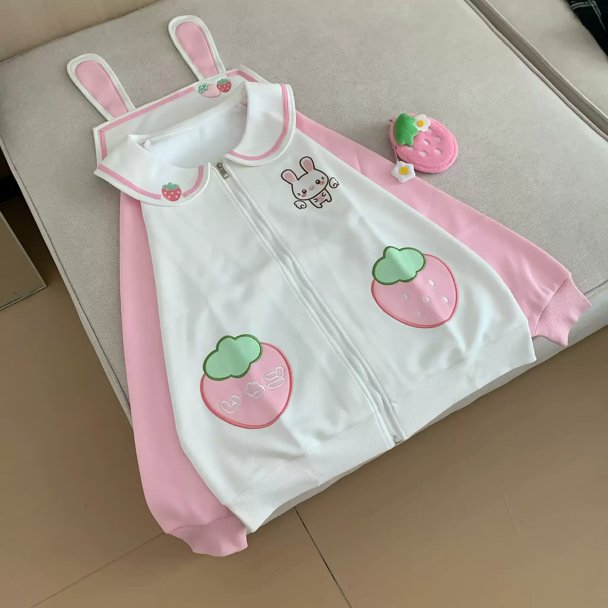 Sweet Lolita Kawaii Jacket Women's Coats Rabbit Ear Strawberry Embroidery Sailor Collar Zip Up Daily Y2k Korean Fashion Outfits