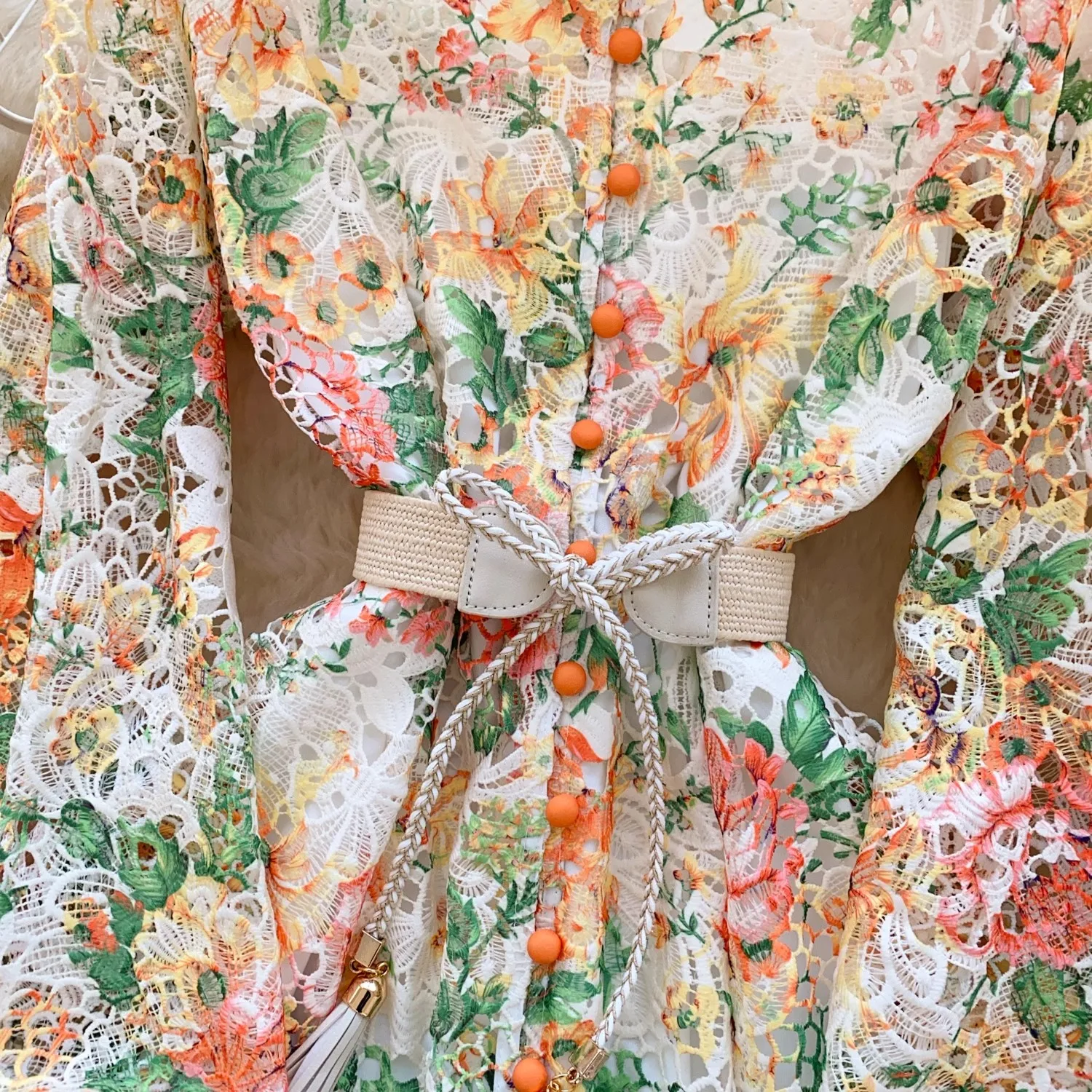 Summer Fashion Embroidery Flower Dress Women's Stand Crochet Lace Hollow Out Stitching Belt Print Prom Party Robe Mini Vestidos