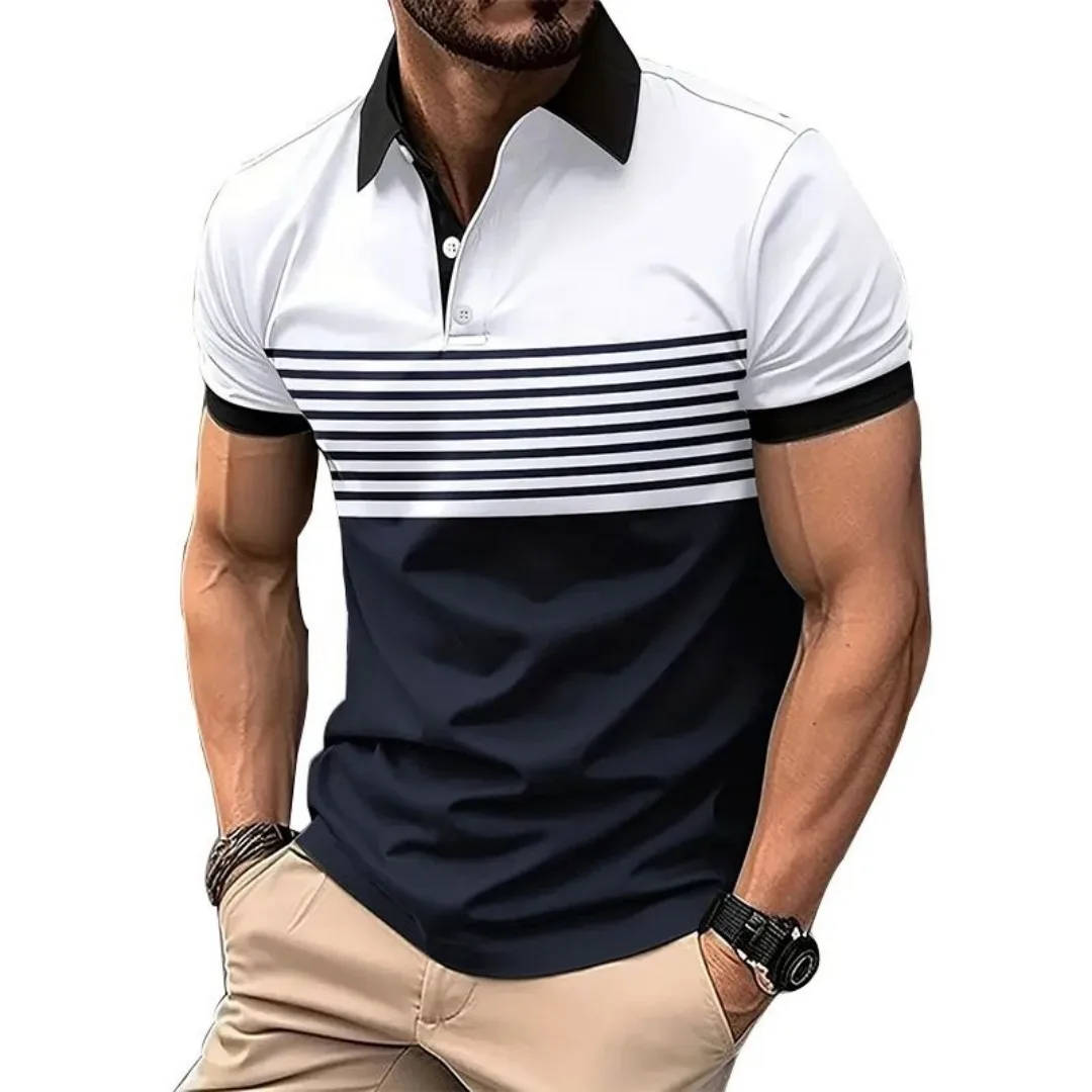 The 2025 summer new men's POLO shirt is a casual and fashionable striped printed street men's wear image 2