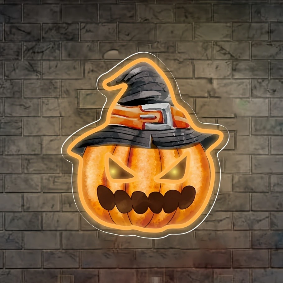 

Неоновая вывеска с головой тыквы, шляпа ведьмы на Хэллоуин, неоновая вывеска со светодиодной подсветкой и регулируемой яркостью для спальни, гостиной, окна, магазина, вечерние, декор, подарок, USB