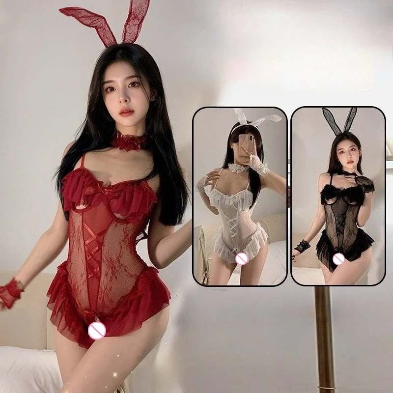 Fashion Sexy Tight Fitting Jumpsuit Sexy Lace Lingerie Rabbit Girl Uniform Set Three Point Romantic Bodysuit Transparent Onesie