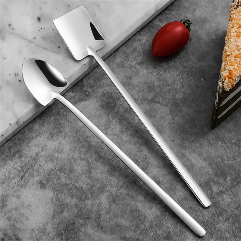 1/2pcs Stainless Steel Ice Cream Coffee Spoon Shovel Shape Tea Dessert Cake Long Handle Spoon Square Tableware Kitchen Tools