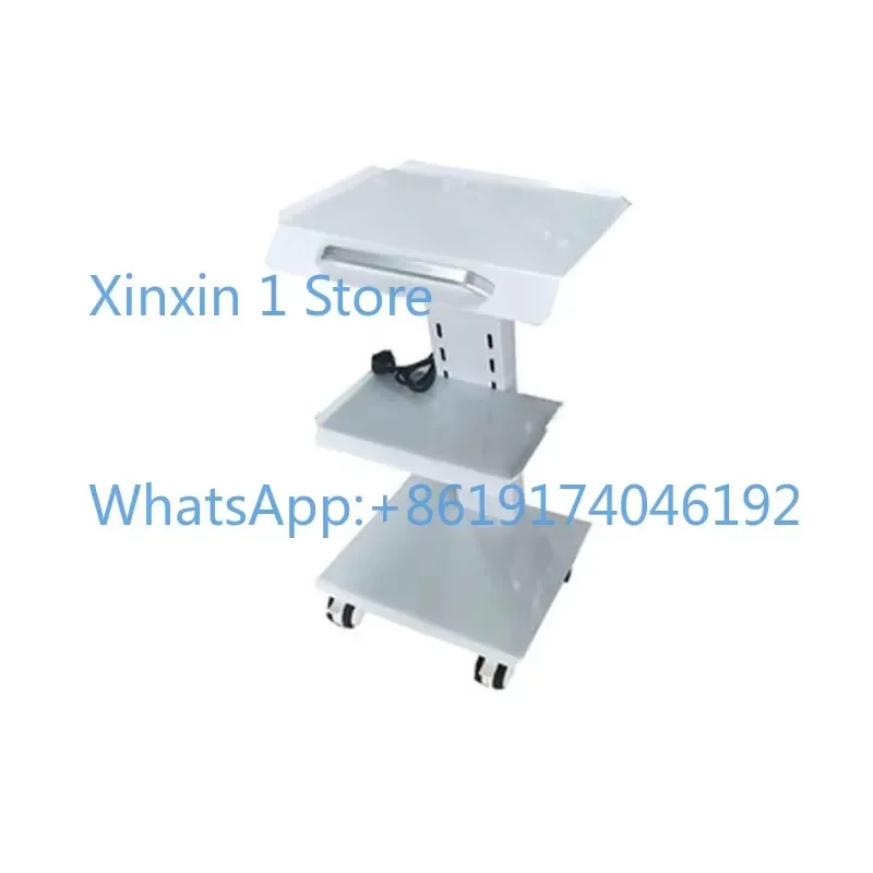 A three-tier metal mobile medical tool with built-in sockets.