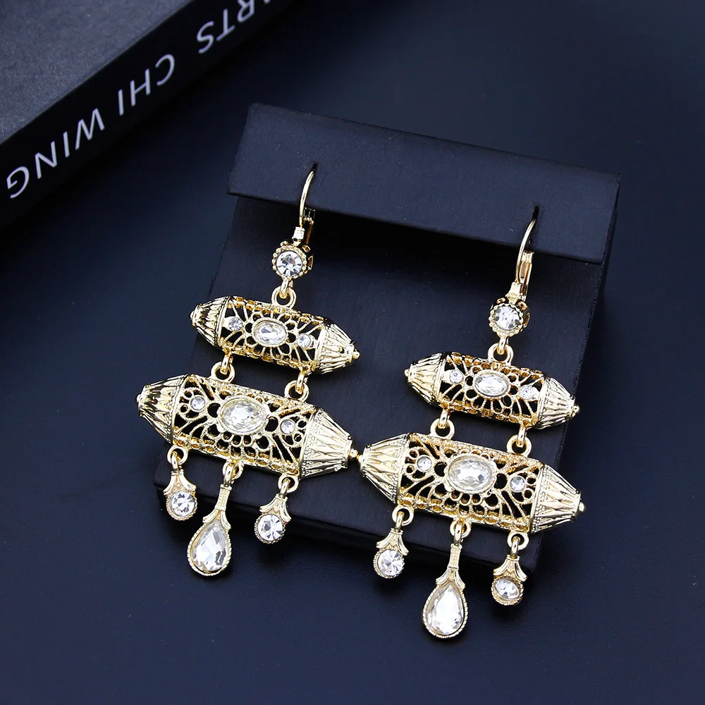 Sunspicems Chic Women Drop Earring Morocco Bride Jewelry Gold Color Long Geometric Earring Arab Algeria Traditional Art Bijoux