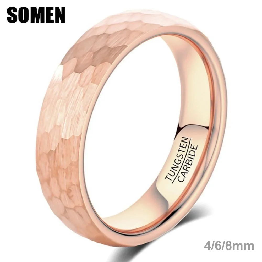 Somen 4/6/8mm Hammered Tungsten Carbide Rings For Men Women Rose Gold Plated Multi-Faceted Brushed Wedding Bands Fashion Jewelry
