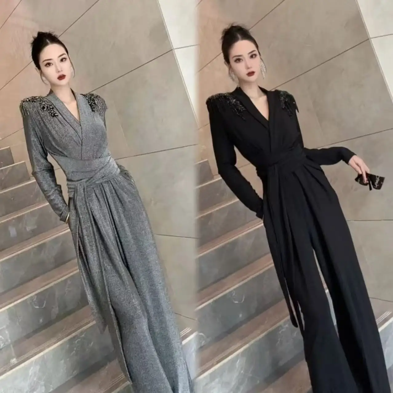 

Women's Black Jumpsuit V-neck Tassels Drawstring Long-sleeve Fitted Wide-leg Pants Fall Clothes Korean Trendy Women's Clothing