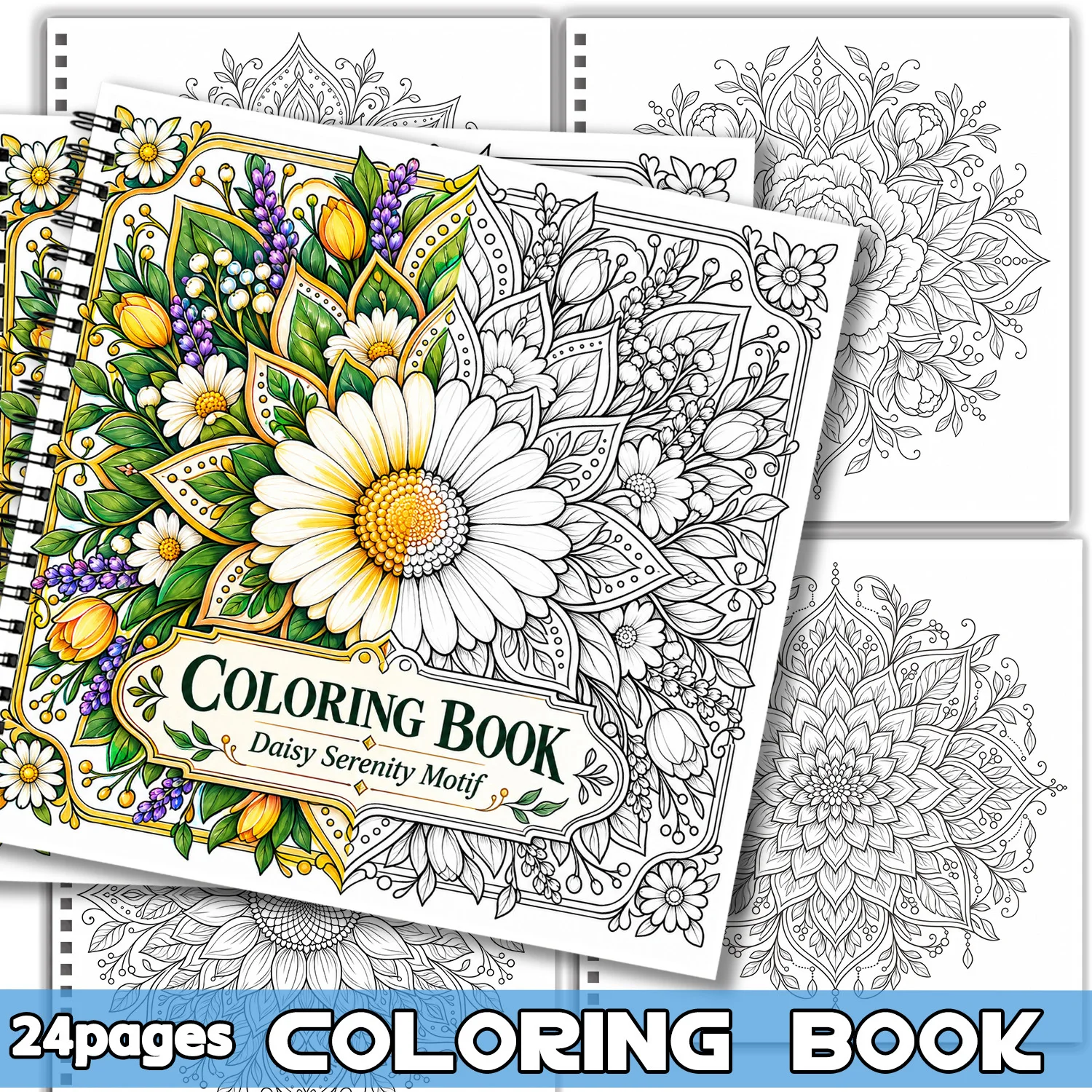 Spiral Binding Coloring Book Daisy Serenity Motif 24 Pages Adult Teen Art showcasing creativity relieving stress Mandala Design