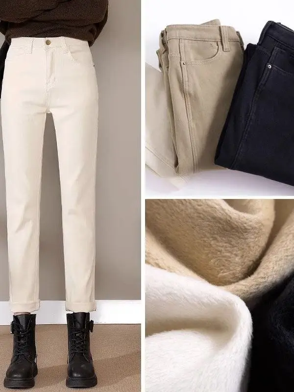 ハイウエスト厚手フリースデニムパンツ レディース ストレートレッグ カジュアル ルーズ 着痩せ 暖かい 秋色 ベージュ スモーキングパンツ