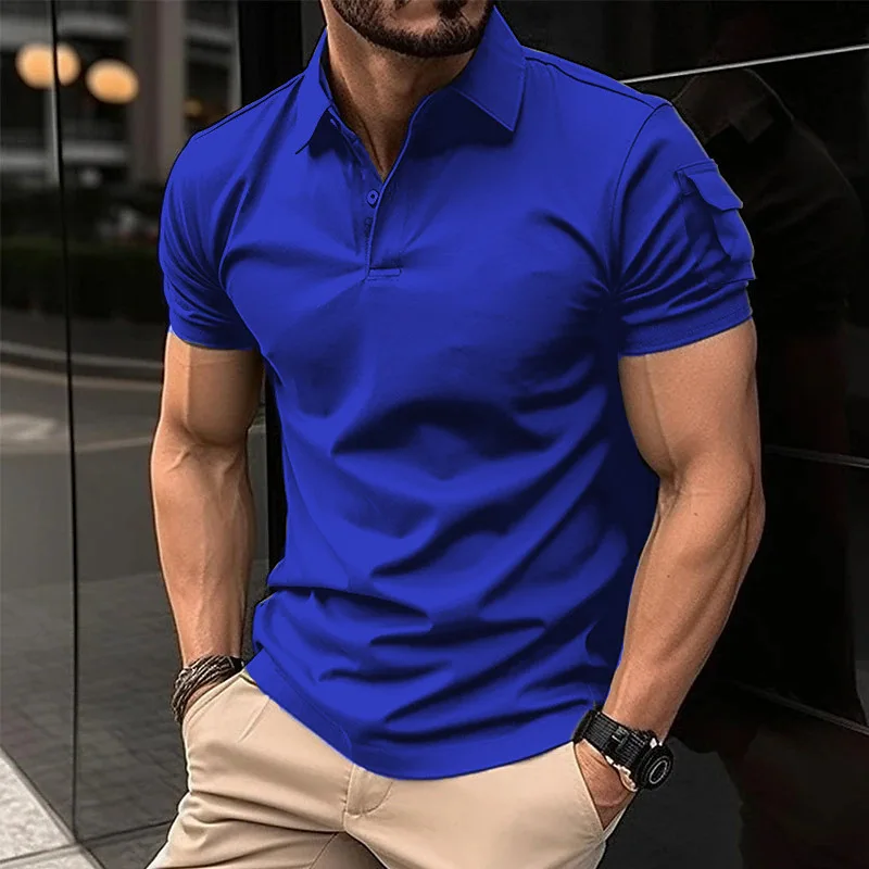 POLO informal de manga corta para hombre, camisa con bolsillo de solapa, color sólido, verano, 2024