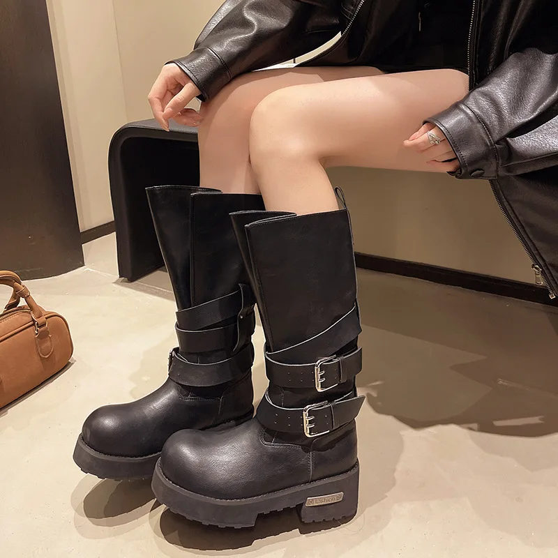 Retro Belt Buckle Square Heels Knight High Boots Women Summer Auturmn Large Tube Increased Height Punk Motorcycle Mid-Calf Boots