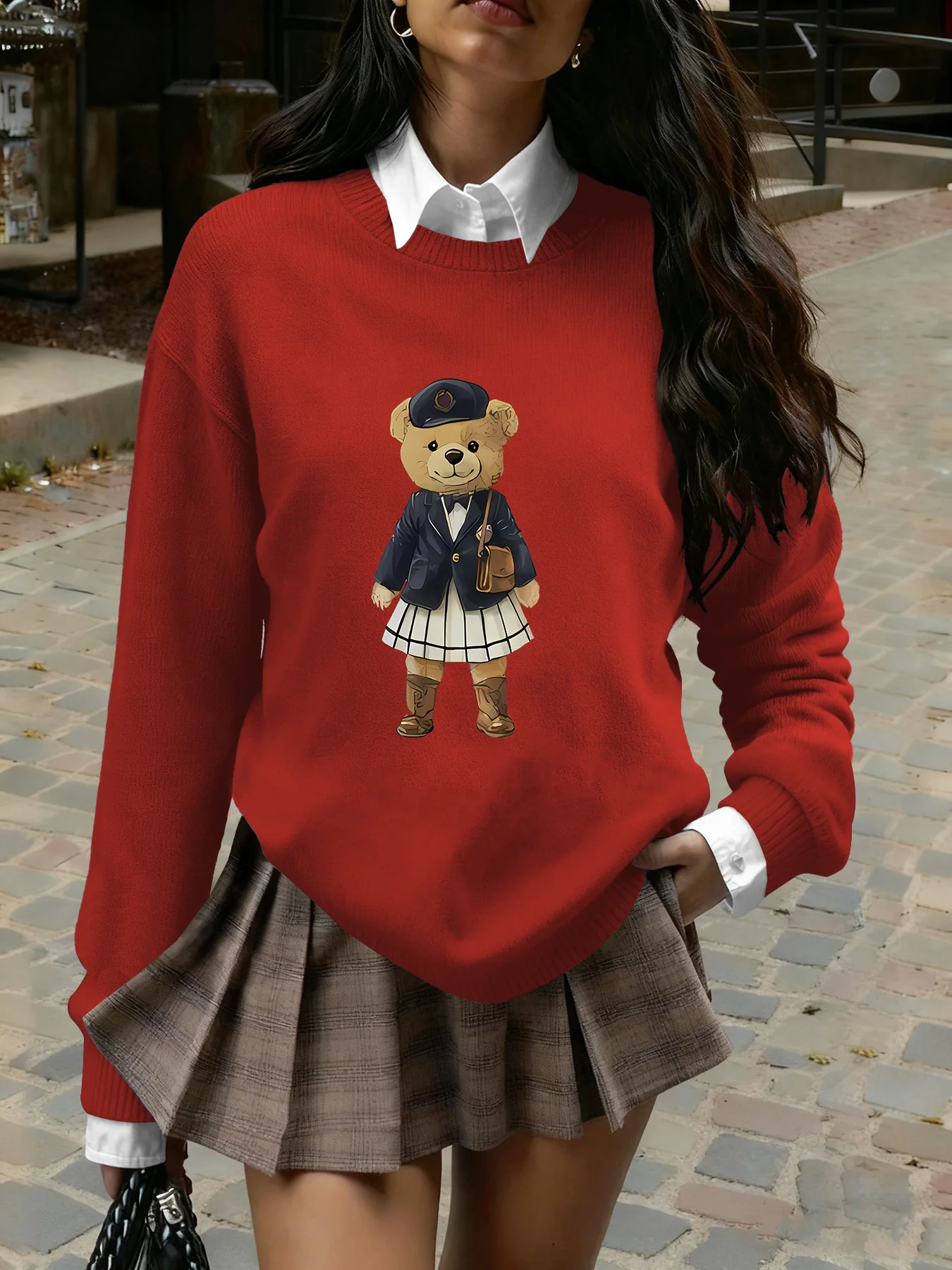 Women's Preppy Teddy Bear Print Sweater, Crew Neck Knit Pullover for Fall Winter (Only the Top Is Sold Separately)