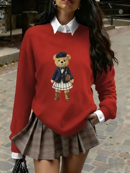 Women's Preppy Teddy Bear Print Sweater, Crew Neck Knit Pullover for Fall Winter (Only the Top Is Sold Separately)