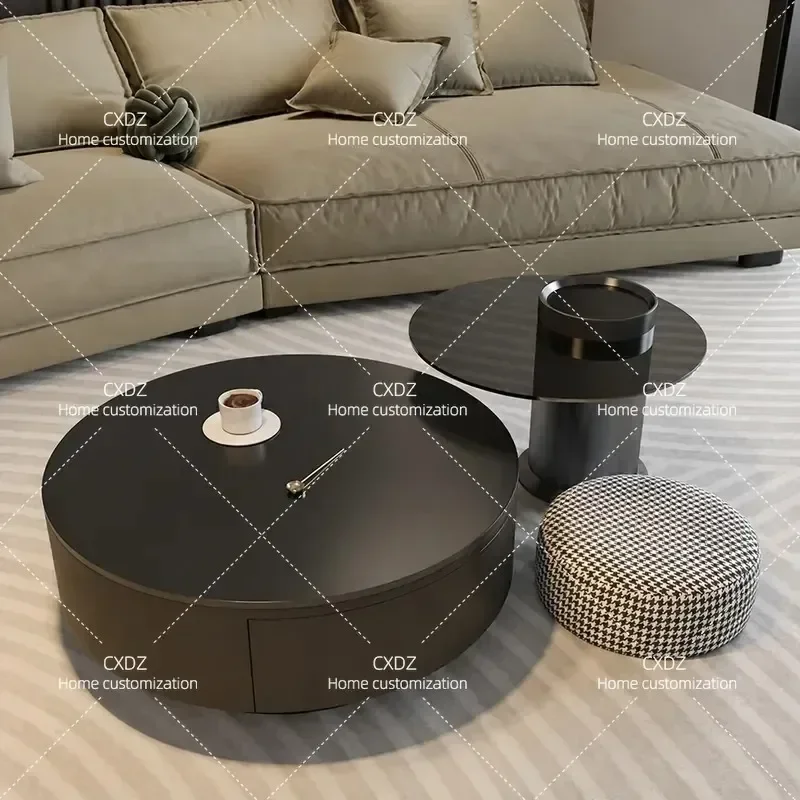 Rock Slab Round Coffee Table Modern Minimalist Black Glass Tea Table for Living Room Home Apartment Light Luxury Simple
