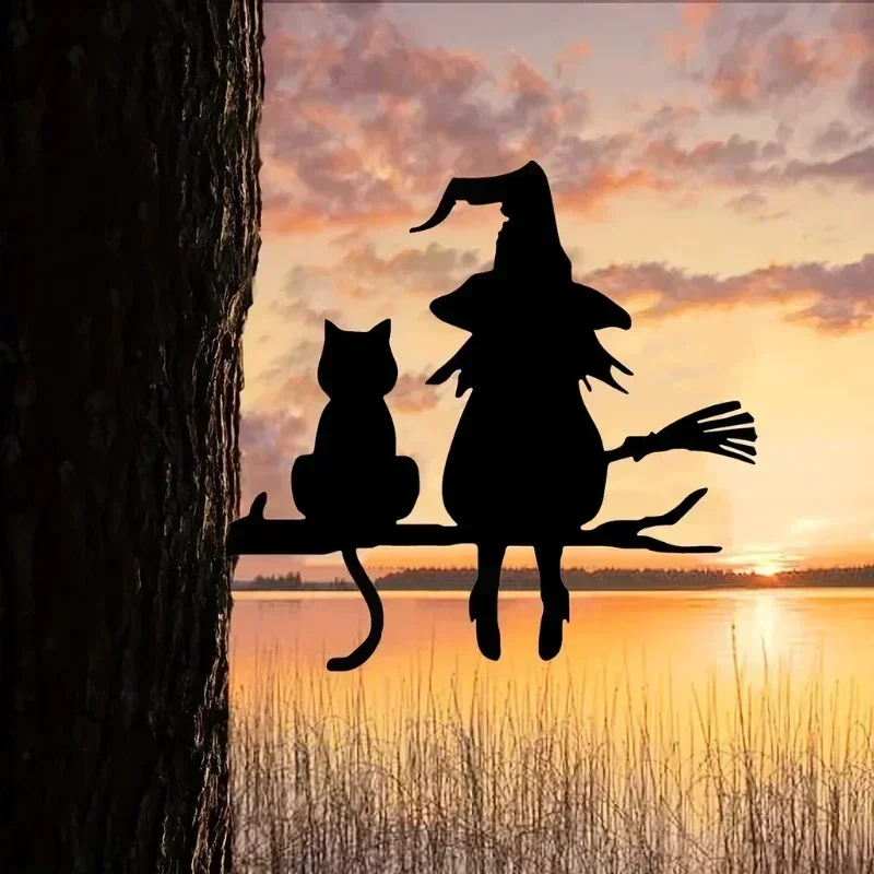 

1pc Iron Silhouette Cute Witch and Cat Garden Stake Yard Art Decor - For Garden Lawn Courtyard. Tree Stump Plug-in